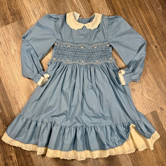 Polly Flinders Other - Polly Flinders Vintage Classic Prairie Girls Blue Smocked Eyelet Lace Dress 6X